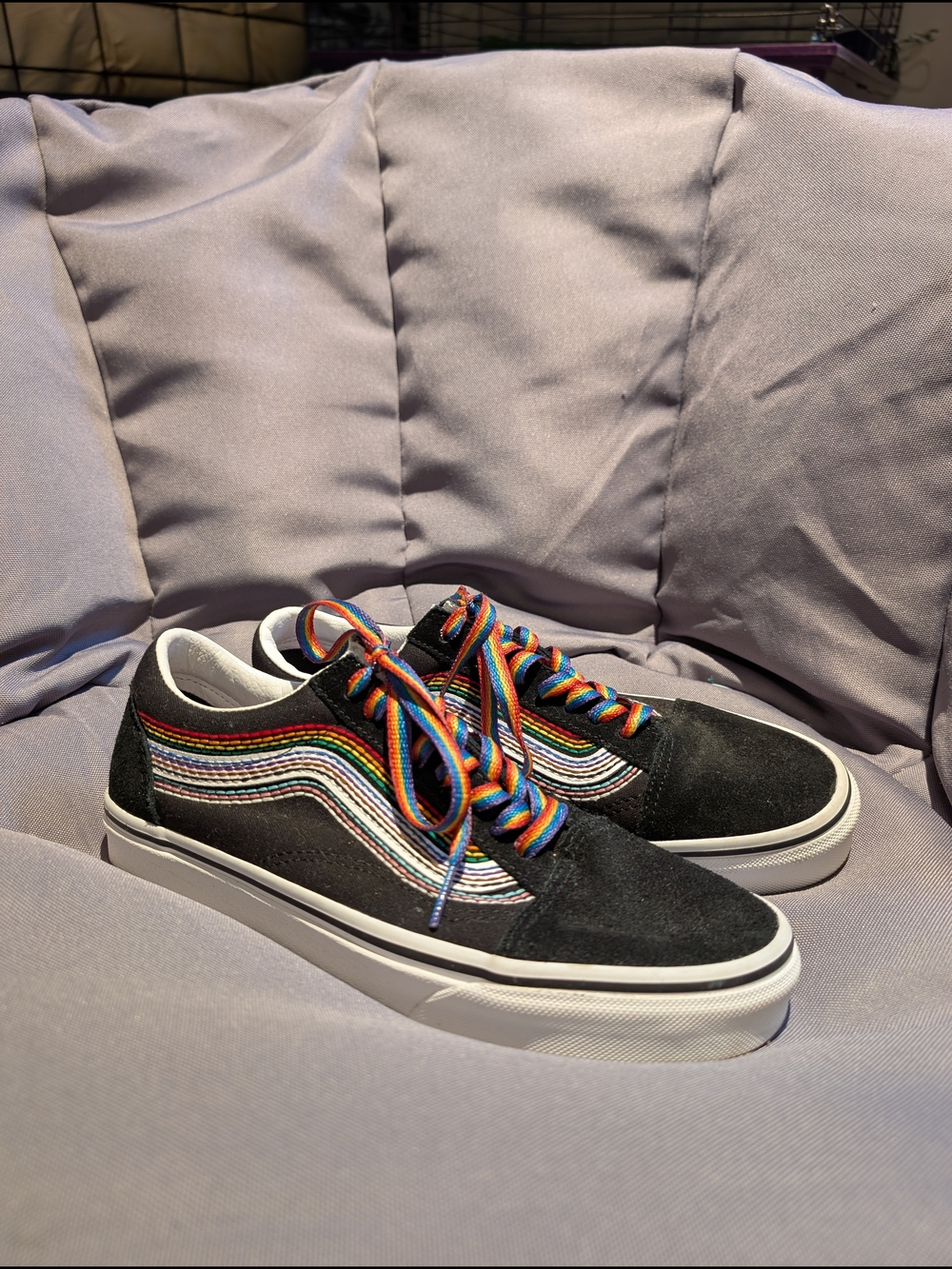 Vans Black Low-Top Sneakers with Rainbow Stripe and Laces